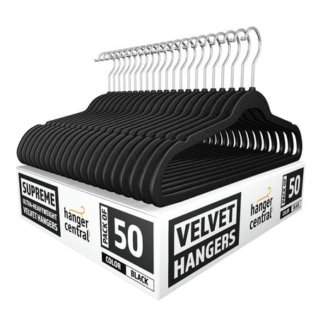 Hanger Central 50 Pack Black Velvet Hangers Non Slip Space Saving with Swivel Hook