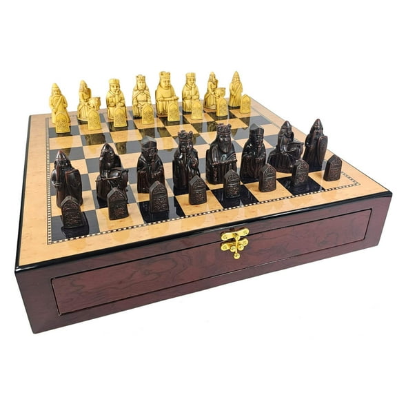 Large Isle of Lewis Brown Medieval Chess Set 20" Walnut Color Storage Board