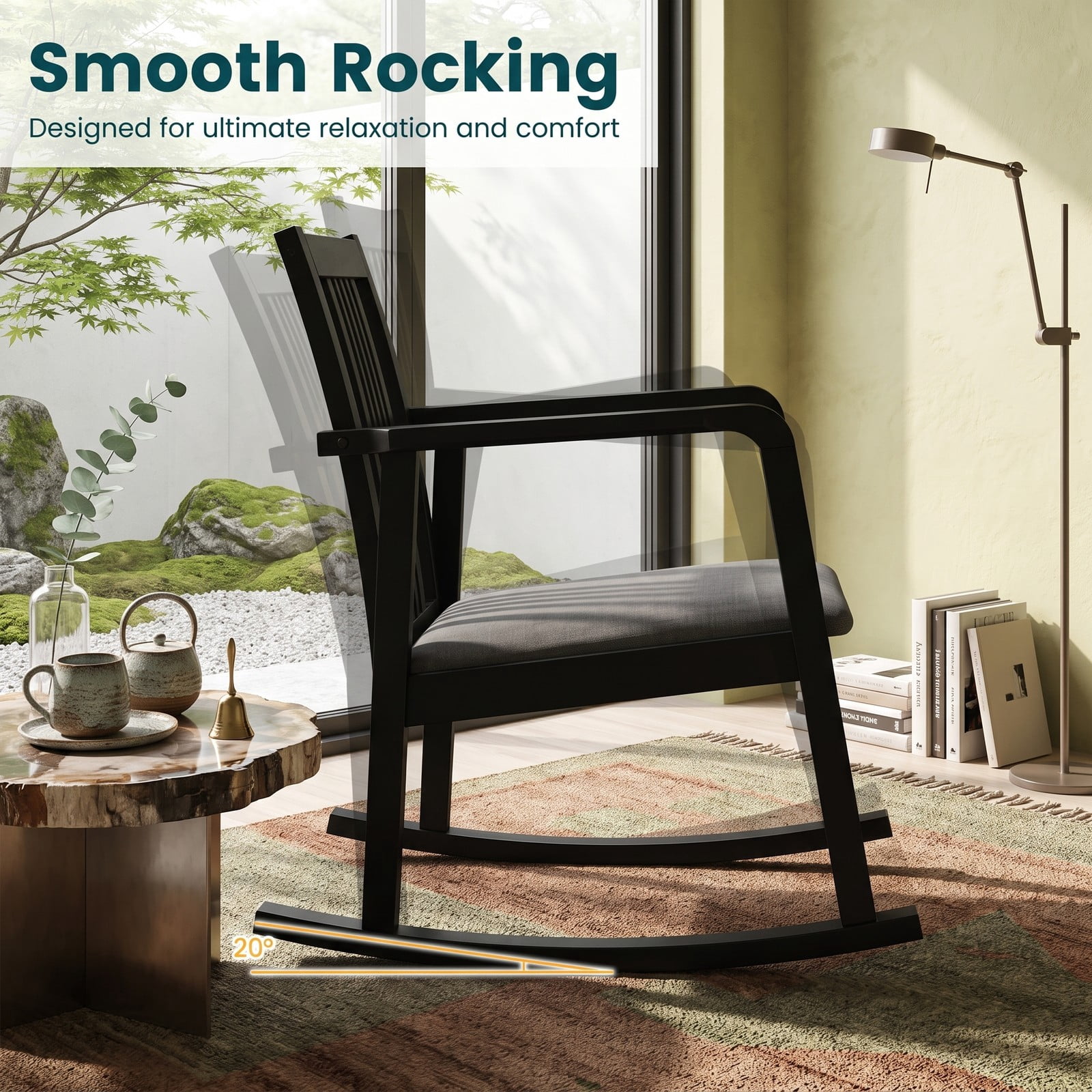 Furnibear Rocking Chair with Slatted Back, Curved Armrests and Soft Padded Fabric Seat for Living Room, Bedroom and Nursery, Black