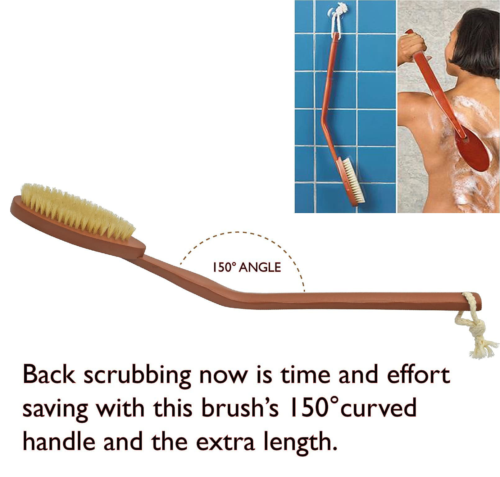 OWIIZI Bath Brush Wooden Curved Long Handle Antiskid Shower Brush