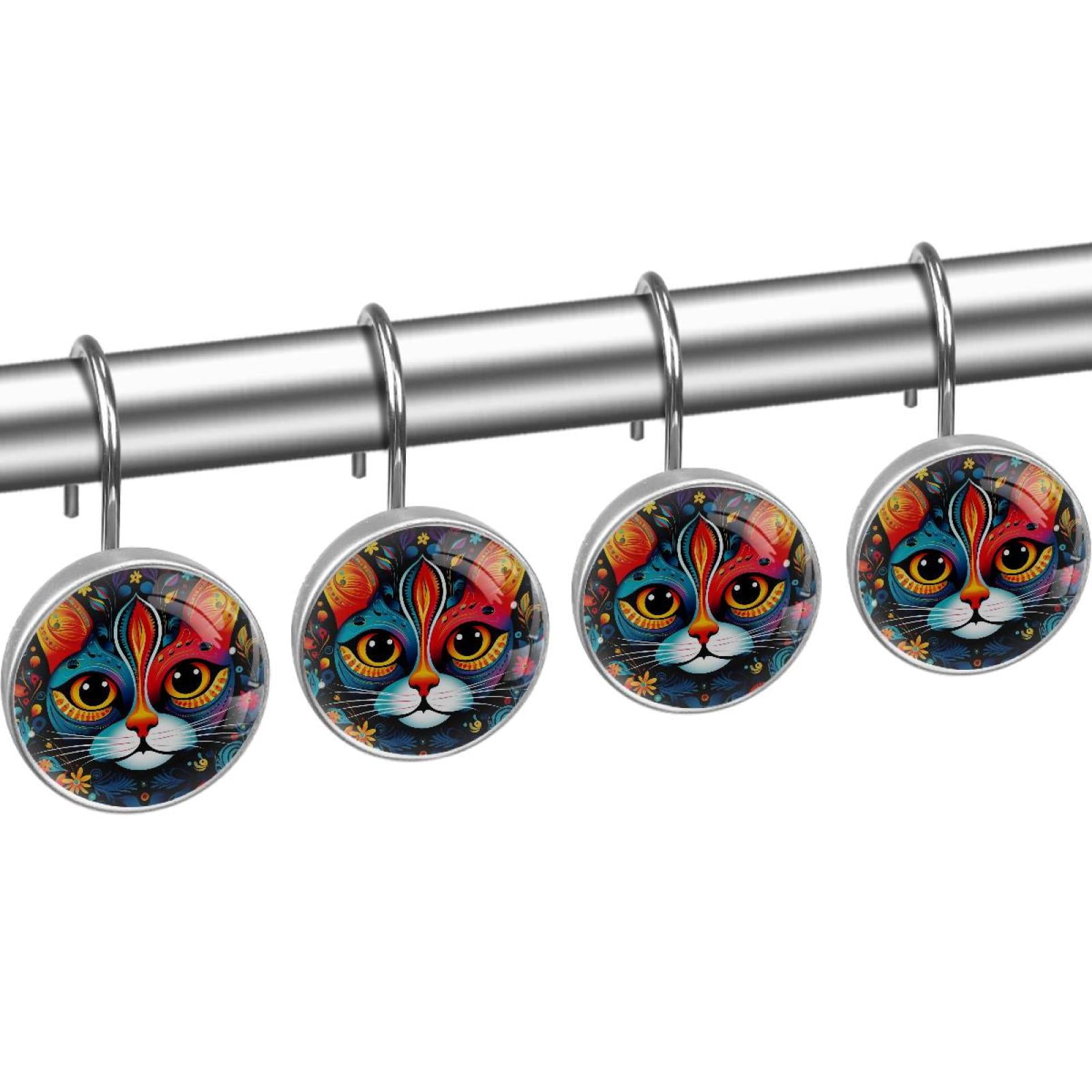 HemaKayy 12 Pcs Decorative Shower Curtain Hooks - Stainless Steel Rings for Bathroom Décor - Easy Glide & Secure Hold - Perfect Decoration for Bathroom Shower Rods - Pet Cats