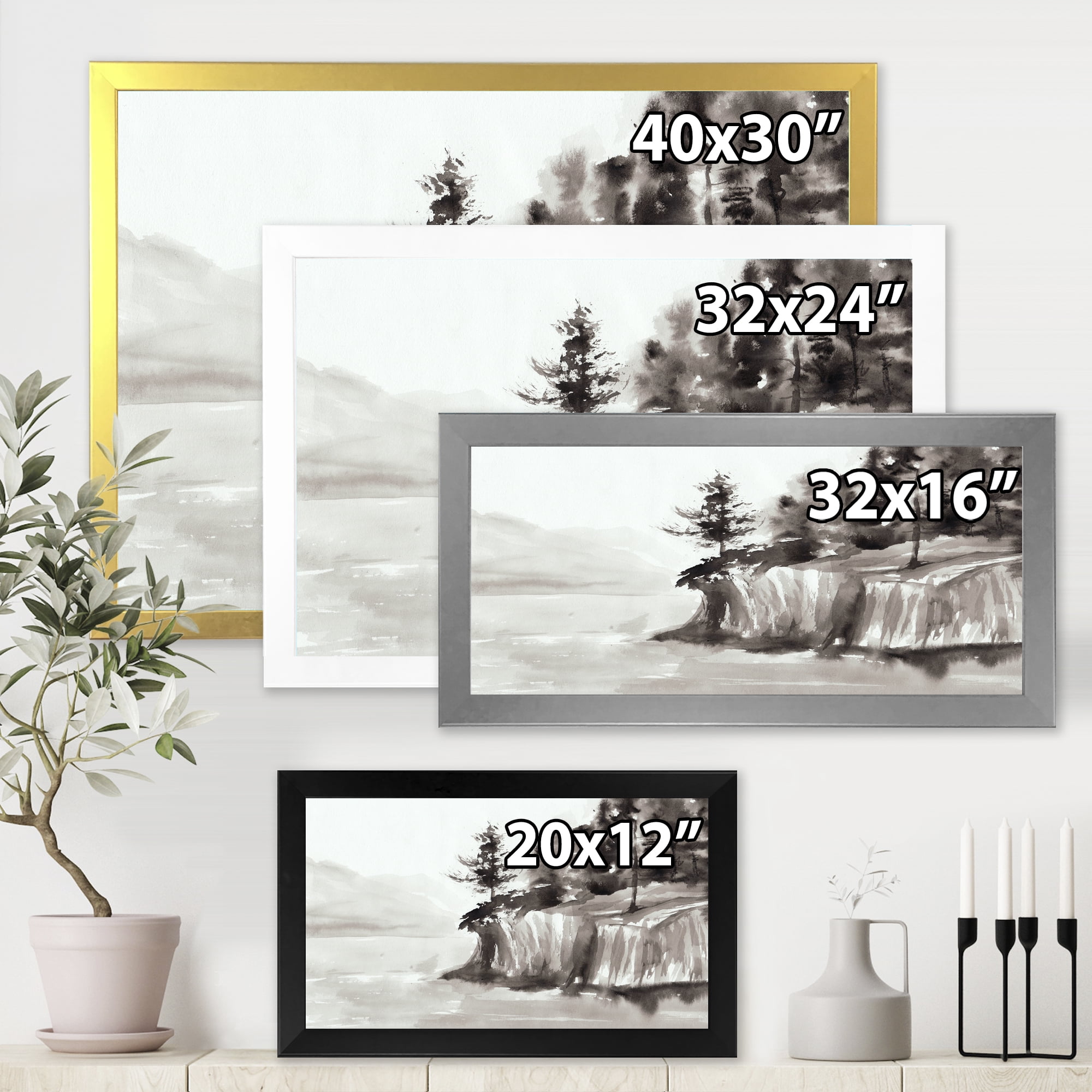 Designart 'Black & White Cliffs By The Lake' Nautical & Coastal Framed Art Print