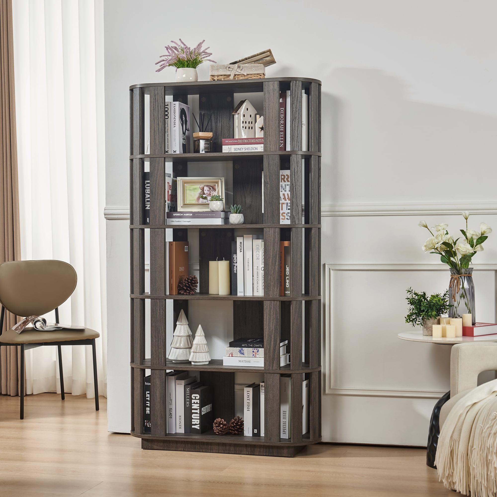 Leumius Wooden Oval Open Bookshelf, 5-Tier Freestanding Bookcases,Easy Assembly DIY Free Combination Storage Cabinet Storage Display Rack for Living Room Home Office Decor,Dark Brown