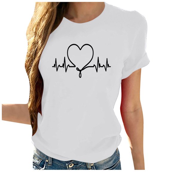 IROINNID Fashion Women Casual Comfy Heart Printing Pullover Round-Neck Short Sleeve T-Shirt Tops Blouse Spring Saving