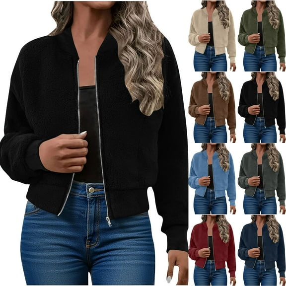 Otntypg Women Fleece Cropped Jacket Fall Winter Bomber Long Sleeve Faux Sherpa Fuzzy Thick Warm Casual Zip Up Outwear Coat with Pocket Army Green S