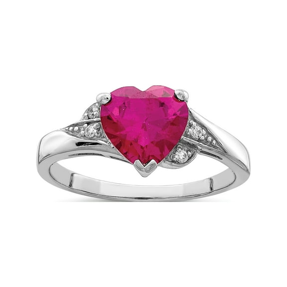 Designer Sterling Silver Rhodium-Plated With Cz And Synthetic Ruby Heart Ring Made In Thailand -Jewelry By Sweet Pea Creations