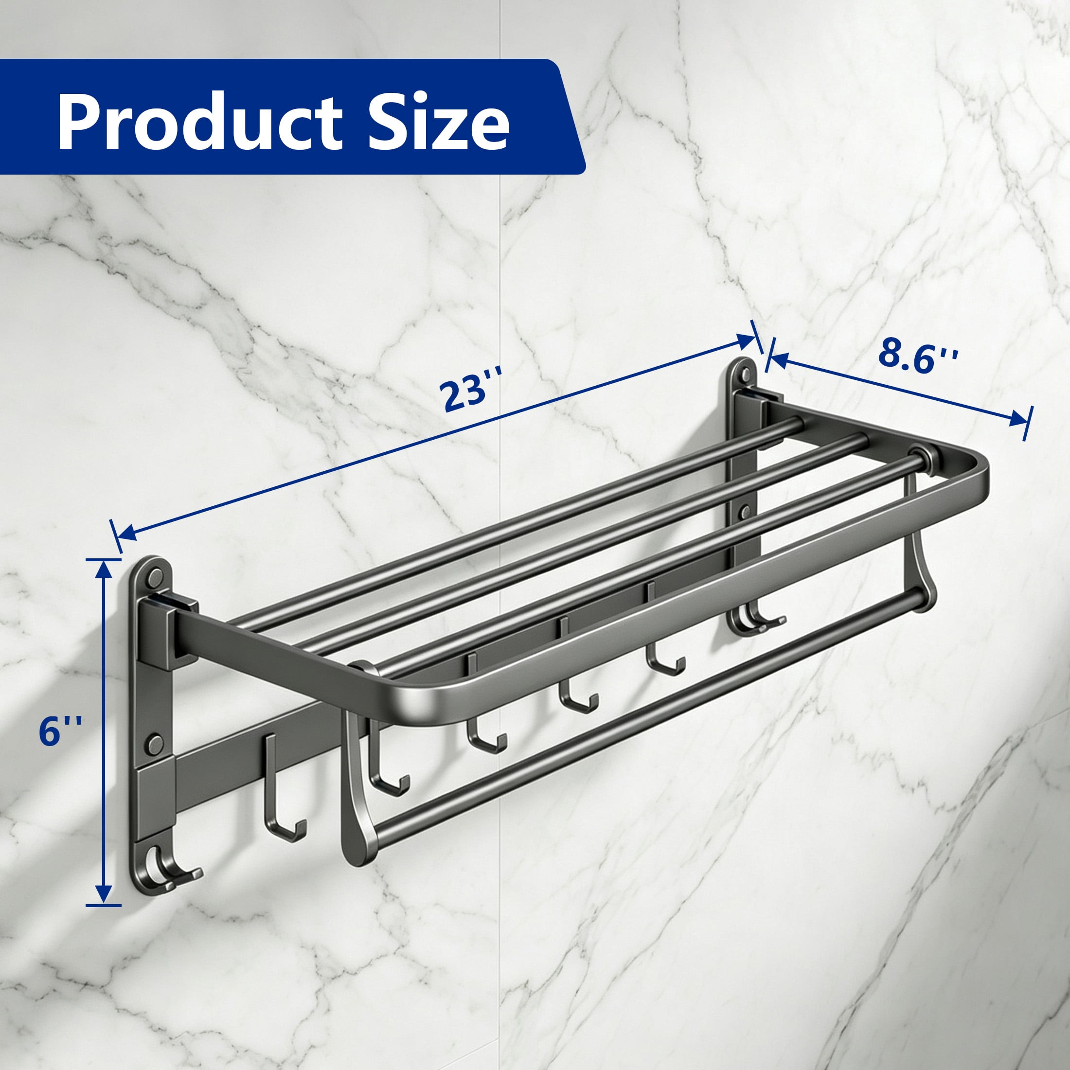 GARITIN Bathroom Towel Rack, 90° Rotatable Aluminum Towel Bar with Shelf & Hooks, Wall Mount Towel Holder for Shower Toilet Hotel
