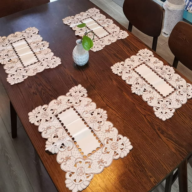 Juego de 4 manteles individuales bordados con flores de 17 pulgadas x 11 pulgadas, elegantes y clásicos, lavables, manteles individuales de encaje, fiesta de decoración del hogar