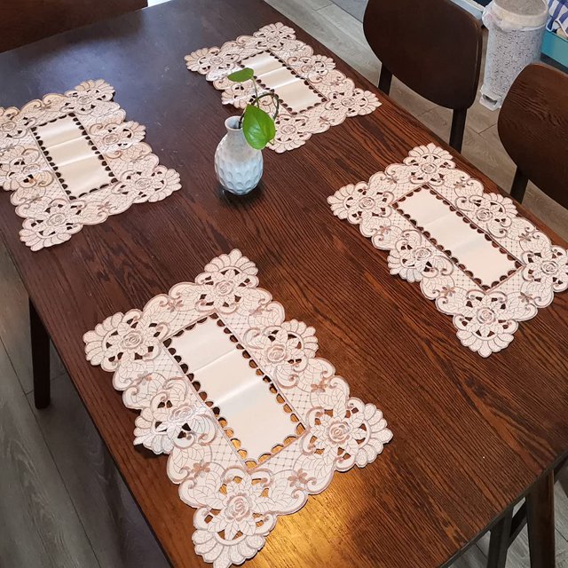 17 Inch X 11 Inch Embroidered Flower Brown Place mats, Set of 4, Elegant Classic Washable Lace Place Mats, Home Decoration Party