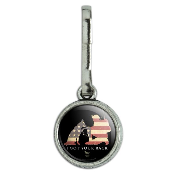 I Got Your Back Soldier and German Shepherd Dog American Flag Antiqued Charm Clothes Purse Suitcase Backpack Zipper Pull Aid