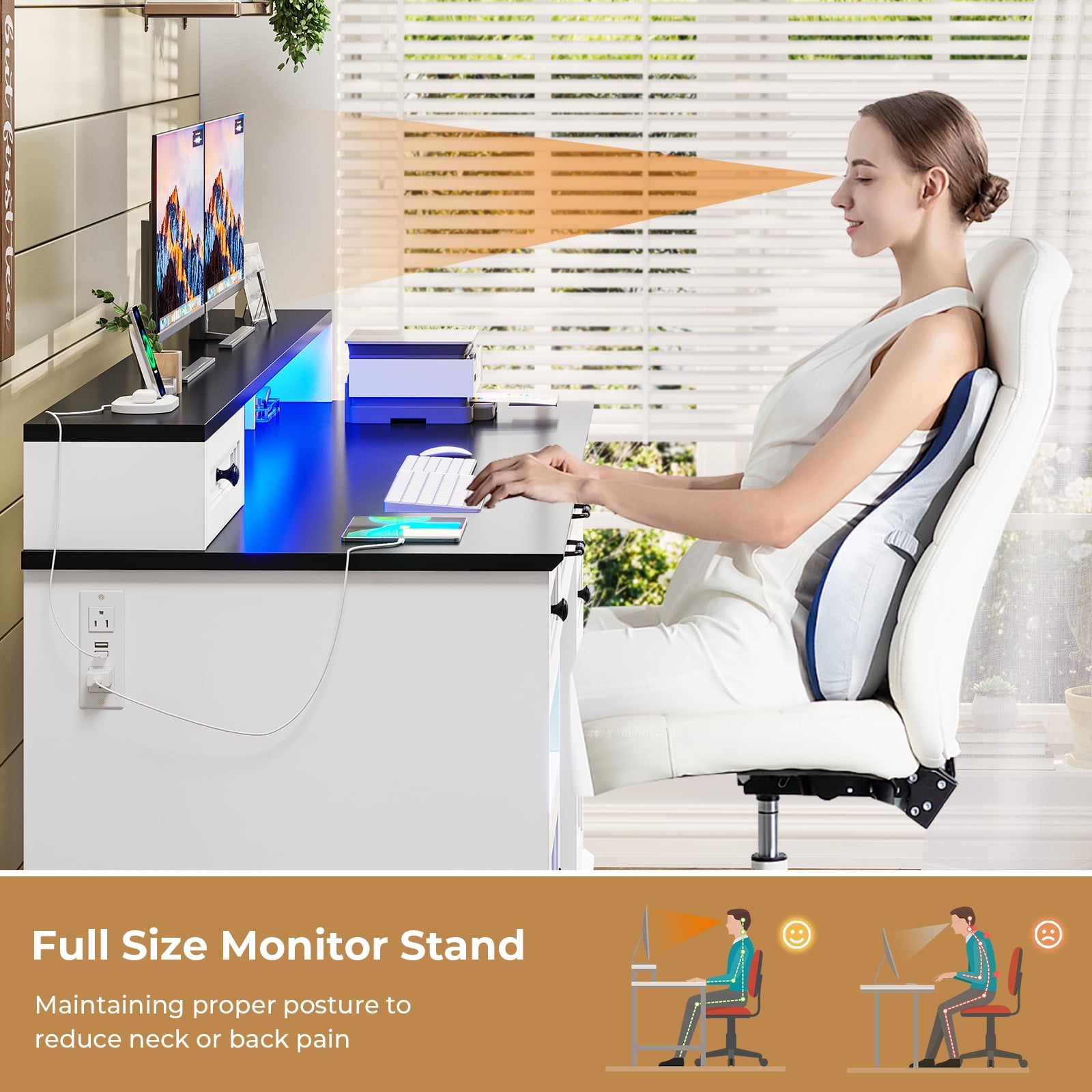 Toogaho Executive Desk with File Drawer & Storage Cabinet, Computer Desk with Charging Station & LED Lights,with Monitor Stand, Home Office Desk,Writing Desk White