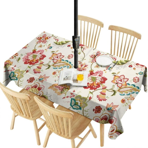 Outdoor Waterproof Tablecloth with Umbrella Hole and Zipper,Bohemian Retro Floral Rectangle Reusable Durable Decor Table Cover for Party Picnic Patio 60×120 Inch