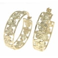 thumbnail image 4 of 14k yellow gold Hawaiian plumeria flower diamond cut border hoop earrings, 4 of 5
