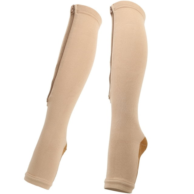Slim Leggings Socks, Exquisite Thick Compression Stockings, Comfortable 1Pair Open Toe Anti-slip Elastic for Reduce Stasis Long Trips Reduce Swelling Zipper SocksSkin Color+Bronze