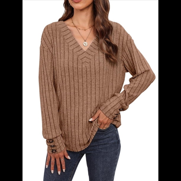 Camisas Tipo Túnica de Punto con Cuello en V, Larga y Botones Decorativos, Informales, Lisas, Suaves para Mujer Color Café L