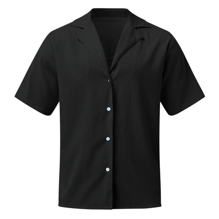 Aayomet Hawaiian Shirt Male Summer Casual Solid Fold Shirt Short Sleeve  Turn Down Collar Black Button Up Shirt Women Black,XXL 