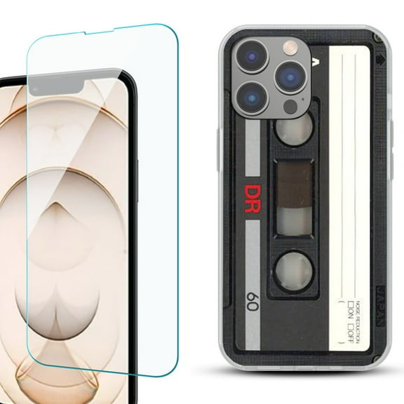 OneToughShield ® for iPhone 15 Pro Shockproof Phone Case, with Tempered Glass Screen Protector - Vintage Cassette