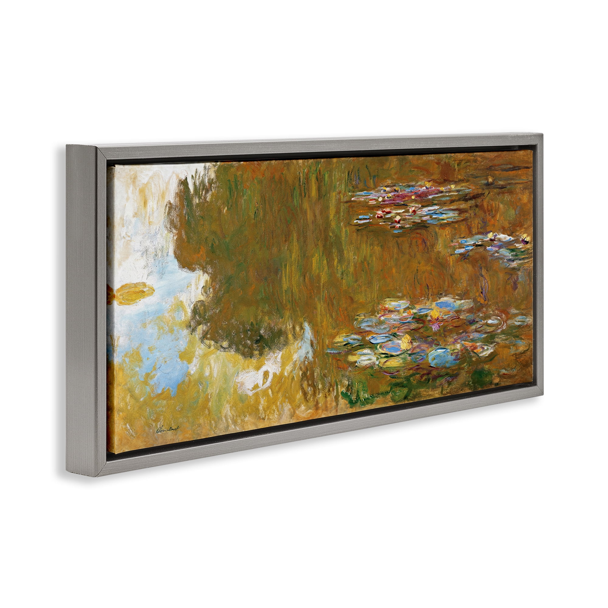 Stupell Industries Classic Monet Water Lily Pond Landscape & Nature Painting Gray Floater Framed Canvas Art Print Wall Art, 25 x 11