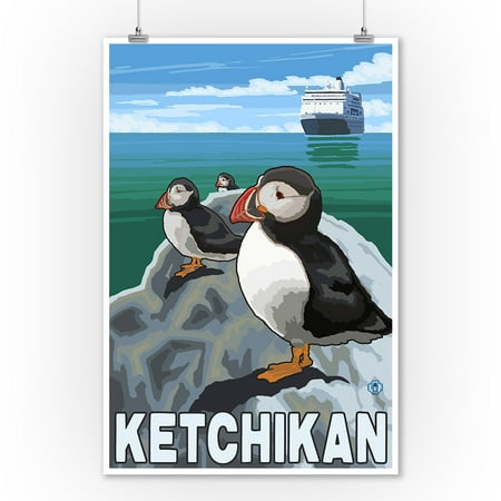 Puffins & Cruise Ship - Ketchikan, Alaska - LP Original Poster (9x12 Art Print, Wall Decor Travel