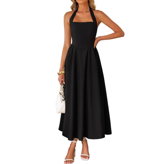 Vestido ZESICA de verano sin mangas, halter, midi, negro, para mujer