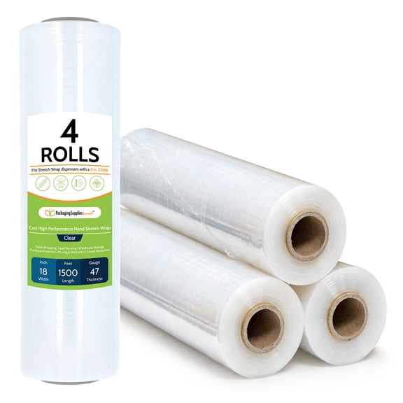 PSBM Hand Stretch Wrap 18" x 1500' 4 Rolls 47 Gauge Clear Plastic Shrink Film/Wrap Heavy Duty Industrial Strength Up to 800% Ultimate Stretch, Plastic Wrap for Moving, Packing, Shipping & Storage