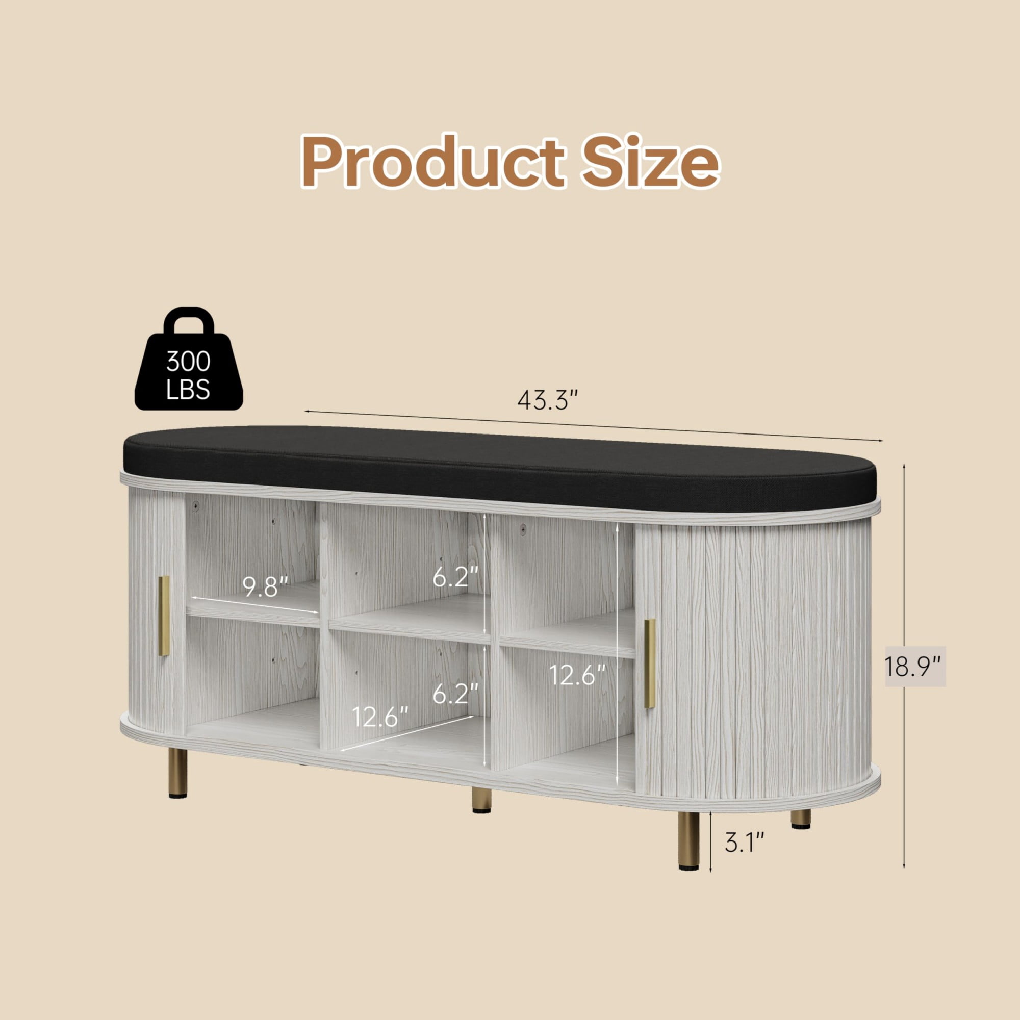 2-Tier Storage Bench with Cushion, 43“ Wide Shoe Bench with Fluted Sliding Door & Adjustable Shelf, Entryway Shoe Rack, White