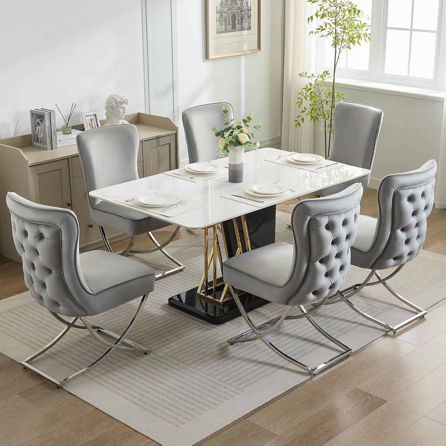 2PCS Luxury Velvet Dining Chairs, Tufted Upholstered Armless Accent Chairs with Silver Metal X-Legs, Modern Glam Dining Chair Kitchen Chairs,Light gray