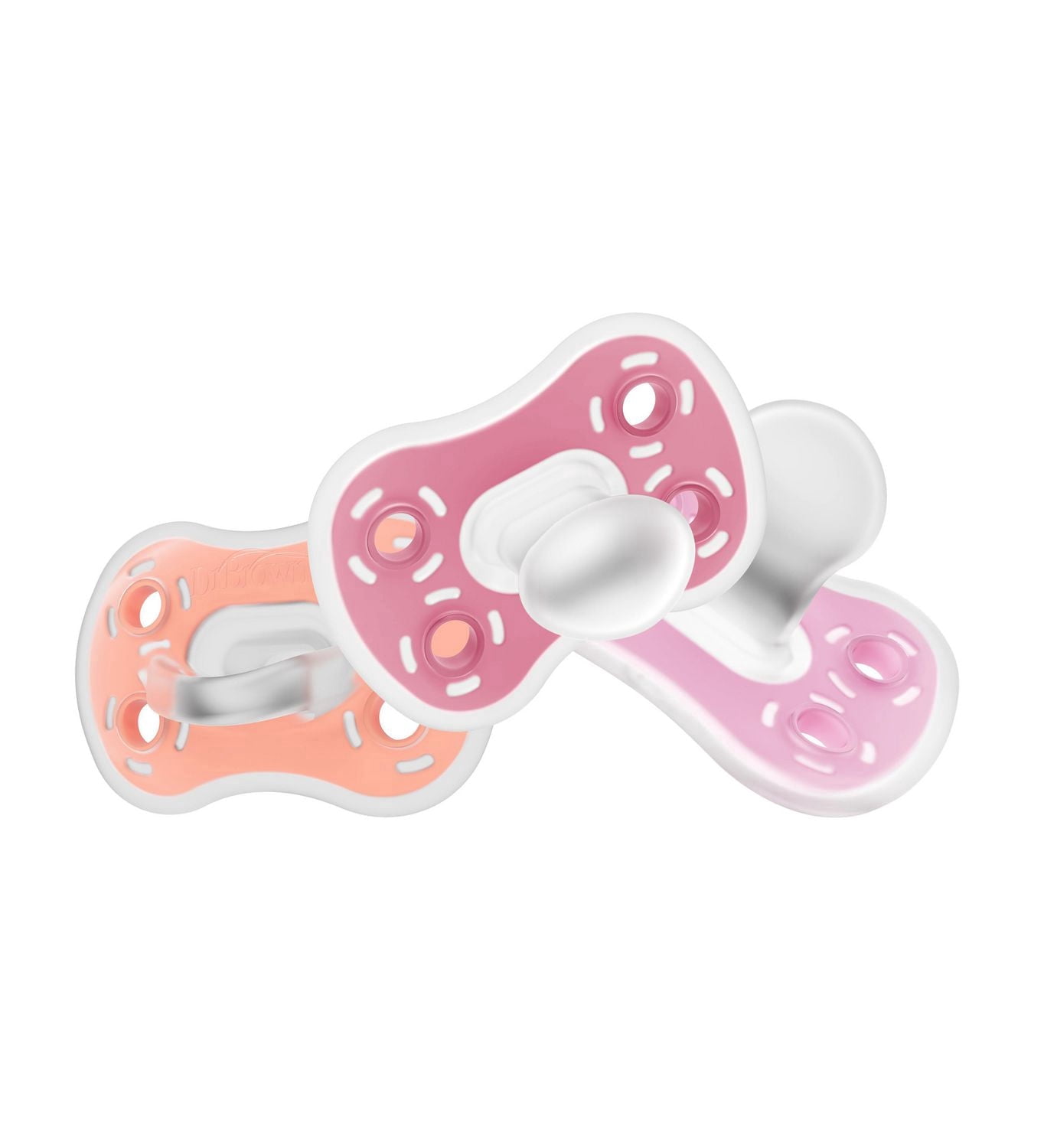Dr. Brown's Advantage One-Piece Silicone Baby Pacifier, Fully Symmetrical Soother, Pink, 6-18m, BPA Free, 3 Pack