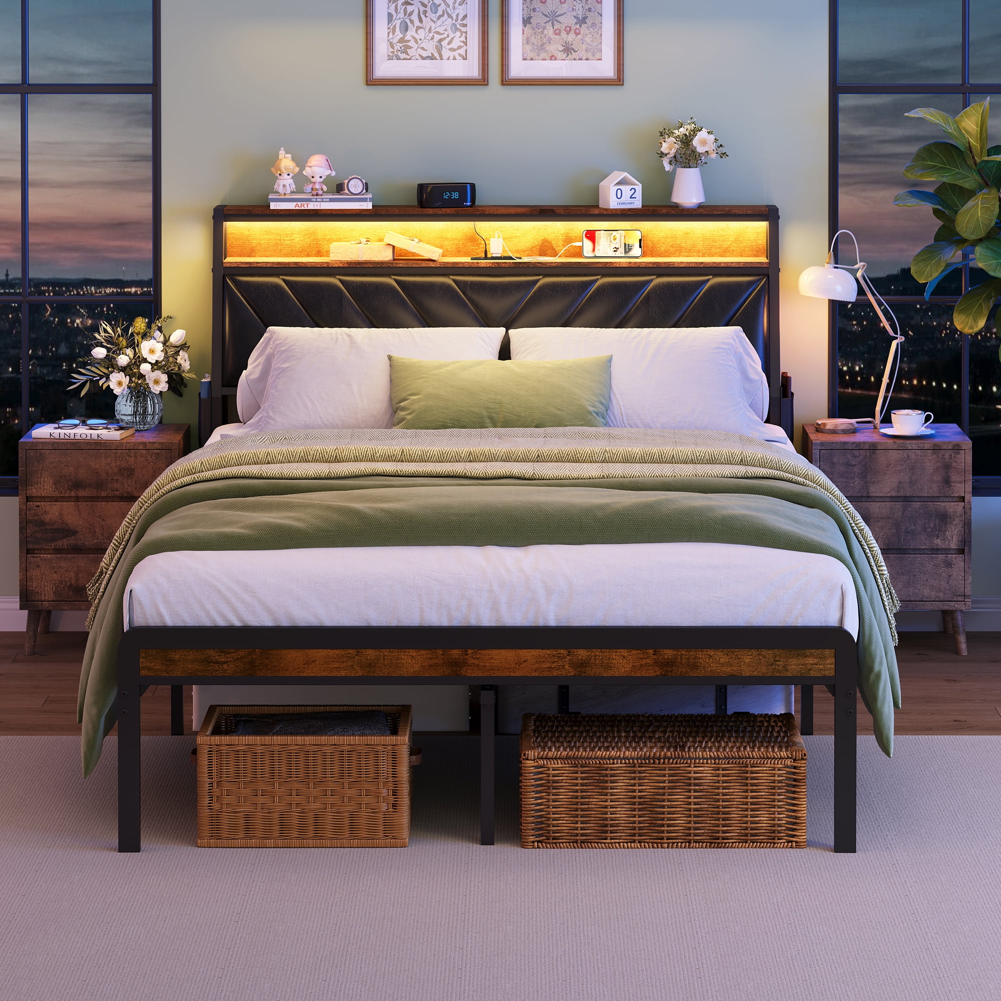 Yoneston Queen Size Platform Bed Frame with Ergonomic Tilted Upholstered Headboard, Storage LED Bed Frame with Charging Station for Kids, Adult - Brwon