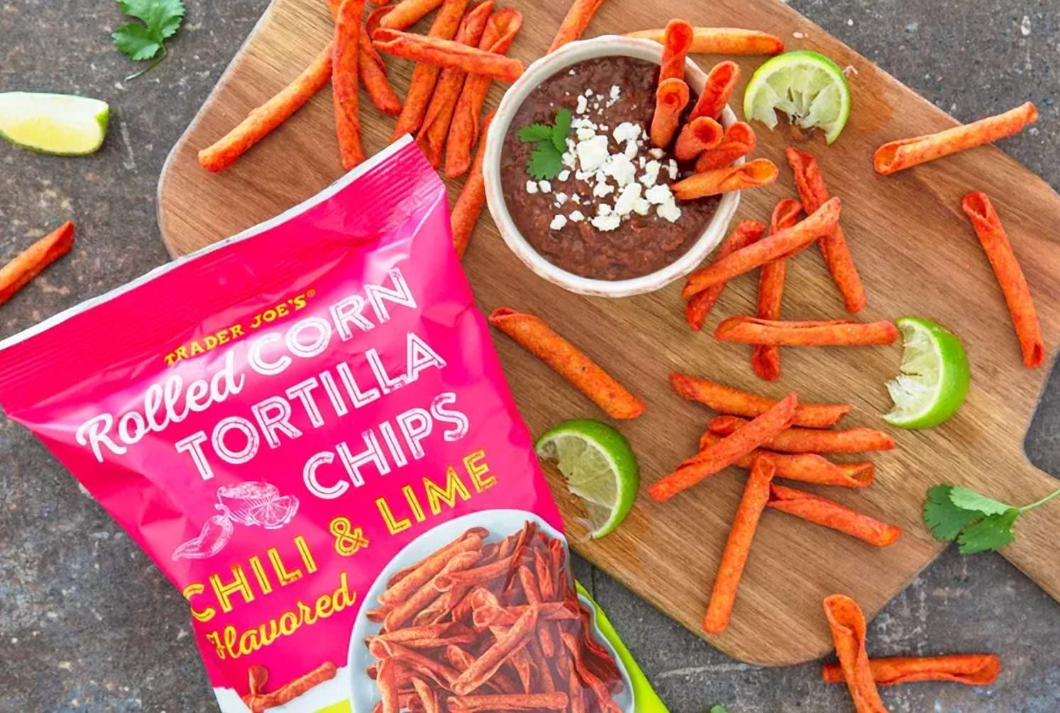 Trader Joe's Rolled Corn Tortilla Chips Chili & Lime Flavored - Pack of 2 with Bonus Bag Clip