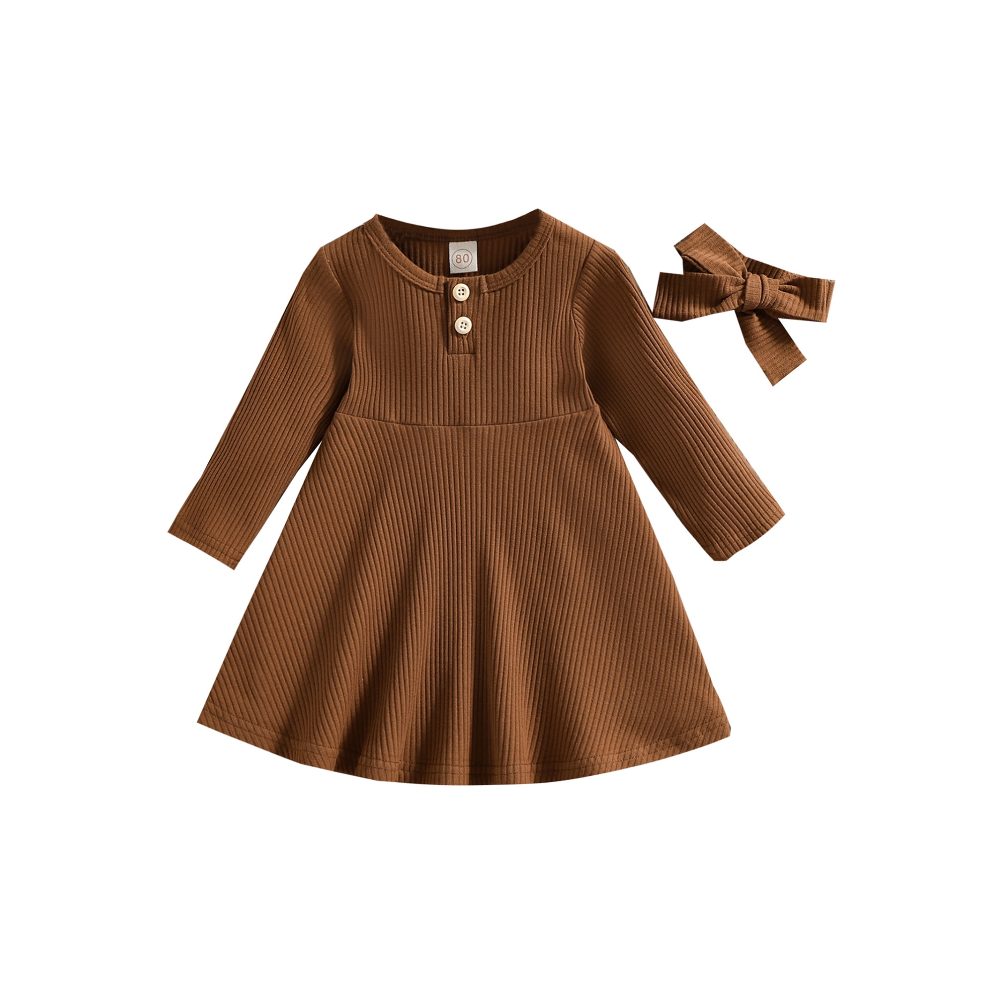 Kmbangi Robe Tricotée pour Bébé Fille Robe Côtelée Couleur Unie