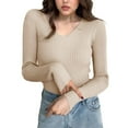 thumbnail image 5 of BRGZLK Women V Neck Sweaters Solid Color Long Sleeve Tight Elastic Comfy Soft Pullover Sweater Knitting Shirt Khaki Free Size, 5 of 5