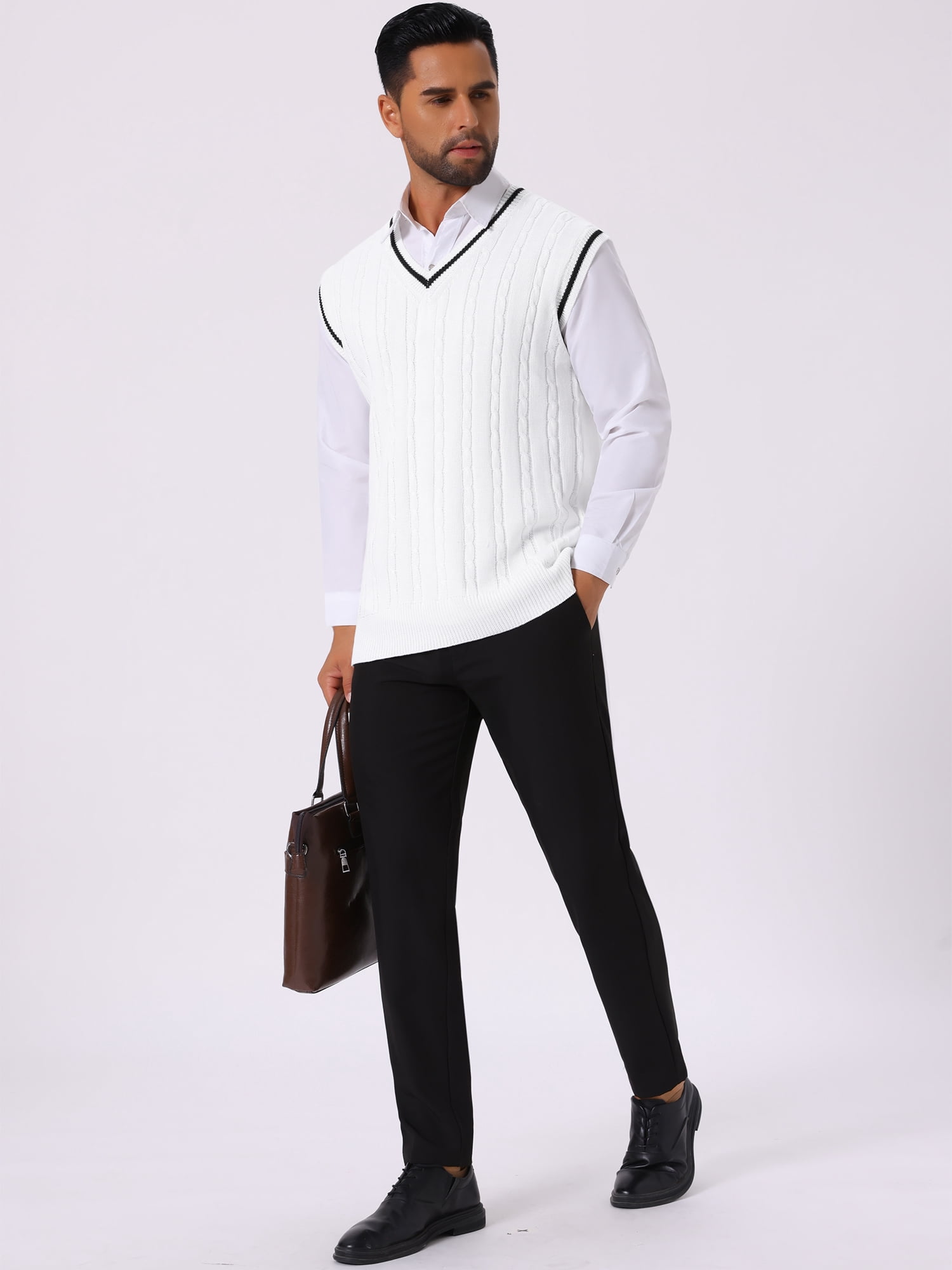 DARING DIVA Men's Solid Color V-Neck Sleeveless Cable Knitted Sweater Vest M White