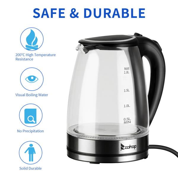 1500W 1.8L Electric Kettle Water Heater , Glass Tea, Coffee Pot with Auto ShutOff, BoilDry