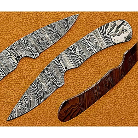 8 inches Long Hand Forged Ladder Damascus Steel Drop Point Blank Blade Skinning Knife, 4.5" Scale Space with 5 pin Hole. 3.25 inches Cutting Edge