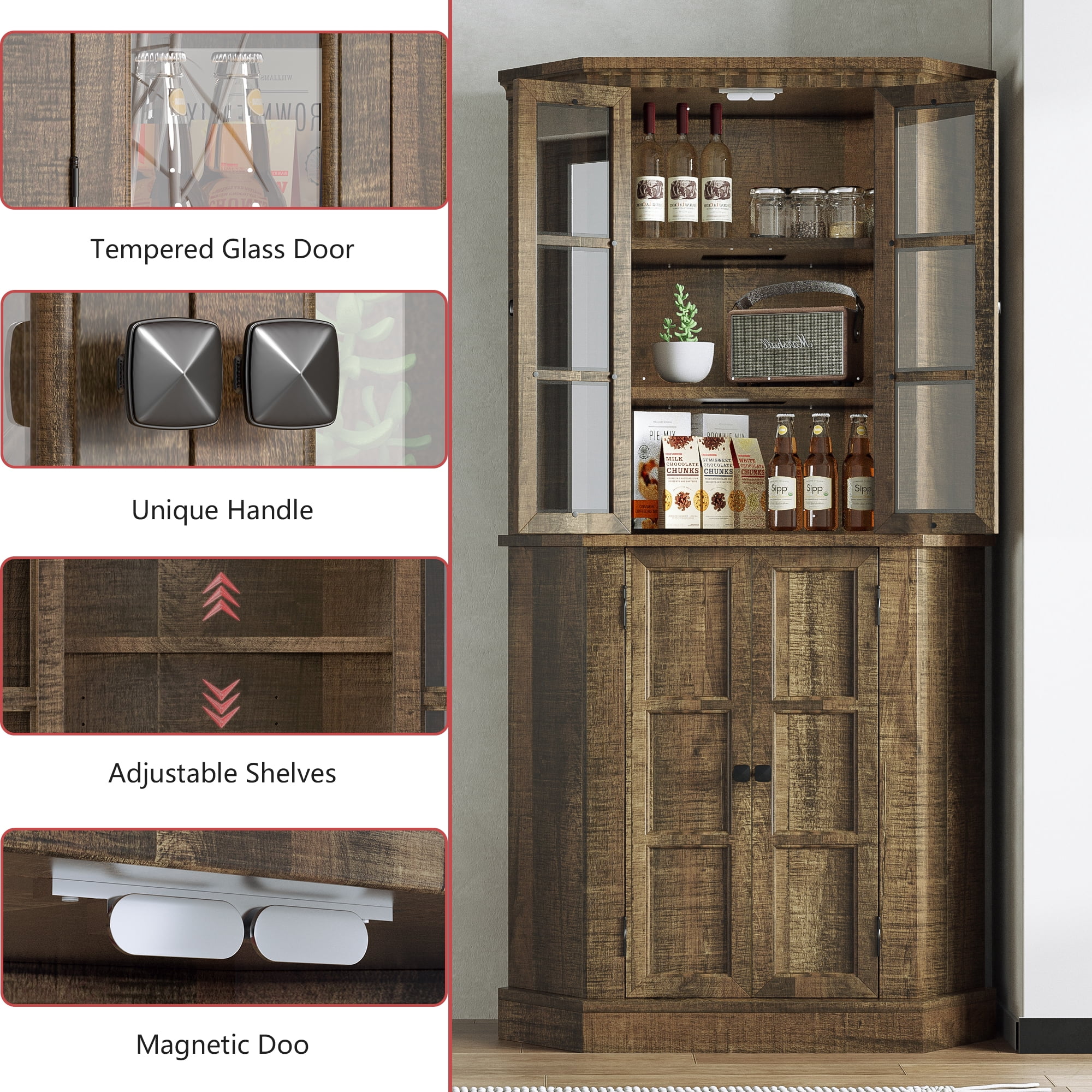 Tolead 67" Tall Farmhouse Corner Cabinet, 6 Tier Height-adjustable Corner Pantry Cabinet with Glass Door