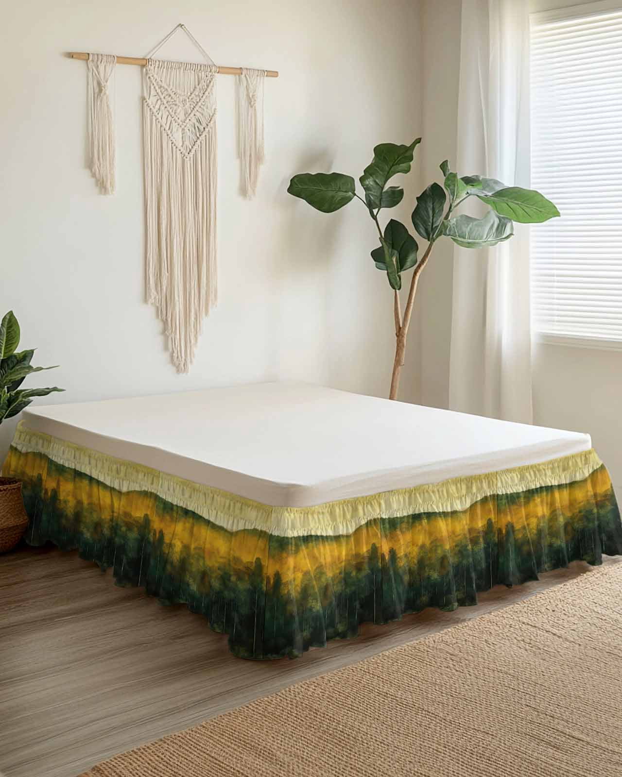 Green Yellow Forest Wrap Around Bed Skirts for King Bed 16" Drop, Bed Skirt with Adjustable Elastic Belt Dust Ruffle Bed Valance for Bedroom Hotel Luxury Oil Painting Landscape Bed Frame Cover