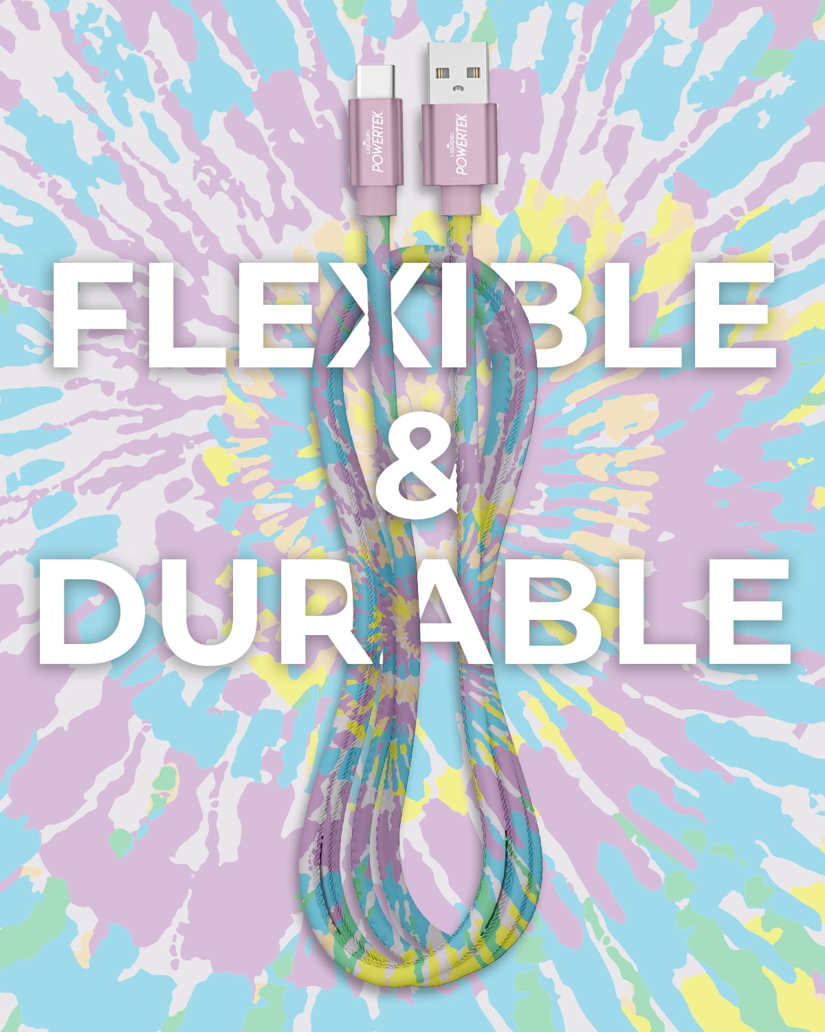 Liquipel Powertek Type-C Fast Charger Cable, 6ft USB-C for Galaxy, Note, Tab, MacBook, Tie Dye