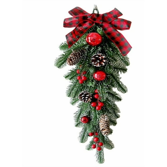 Ljxge Artificial Christmas Wreath Teardrop Garland, With Bows, Nut Branches & Berries For Xmas Front Door & Wall Hanging Decorations, Realistic Festive Decor