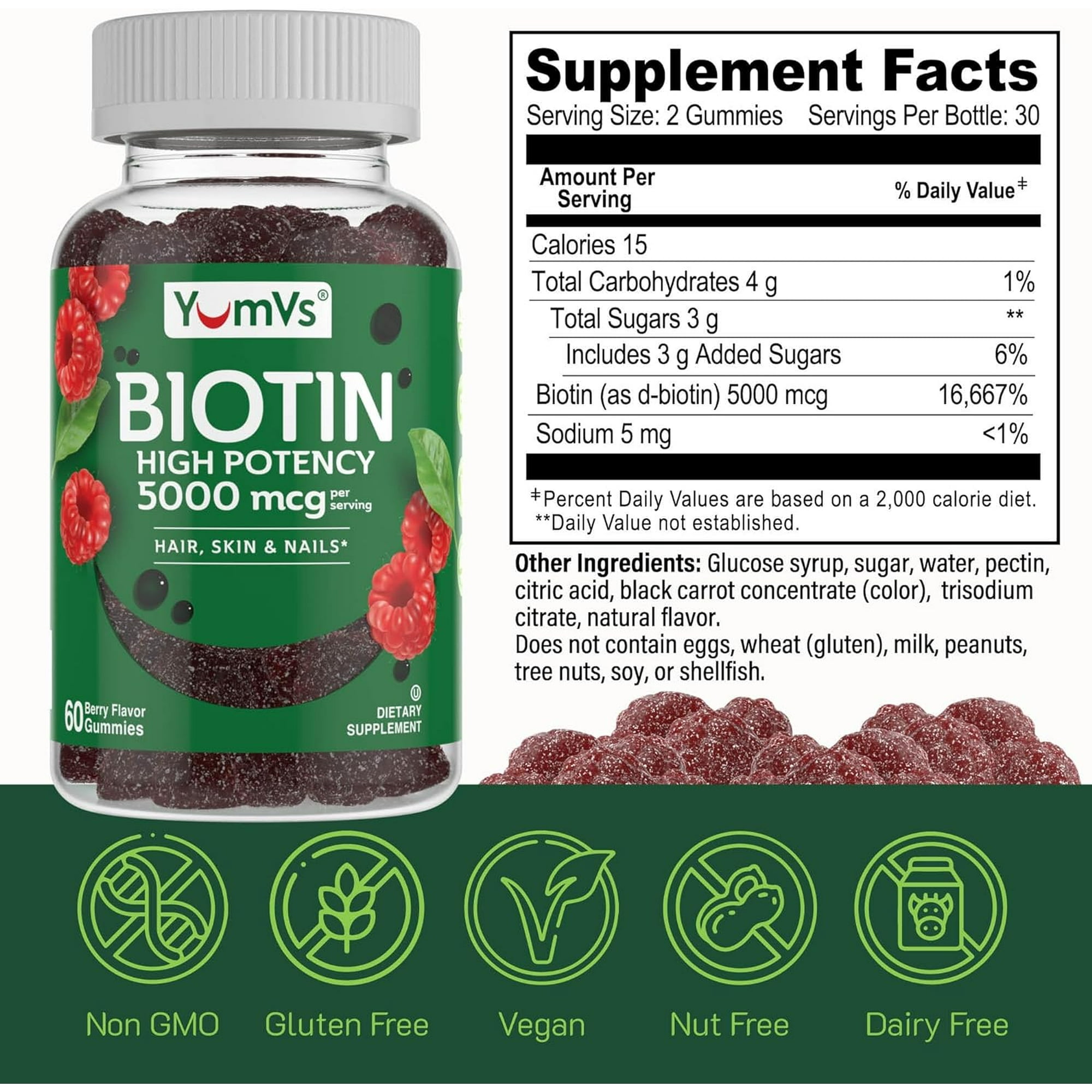 YUM-V's Biotin Gummies for Hair, Skin, and Nails in Luscious Raspberry Flavor, 5000mcg in 2 Gummies at 2500mcg Each, 2-Pack at 60 Pcs/Pack