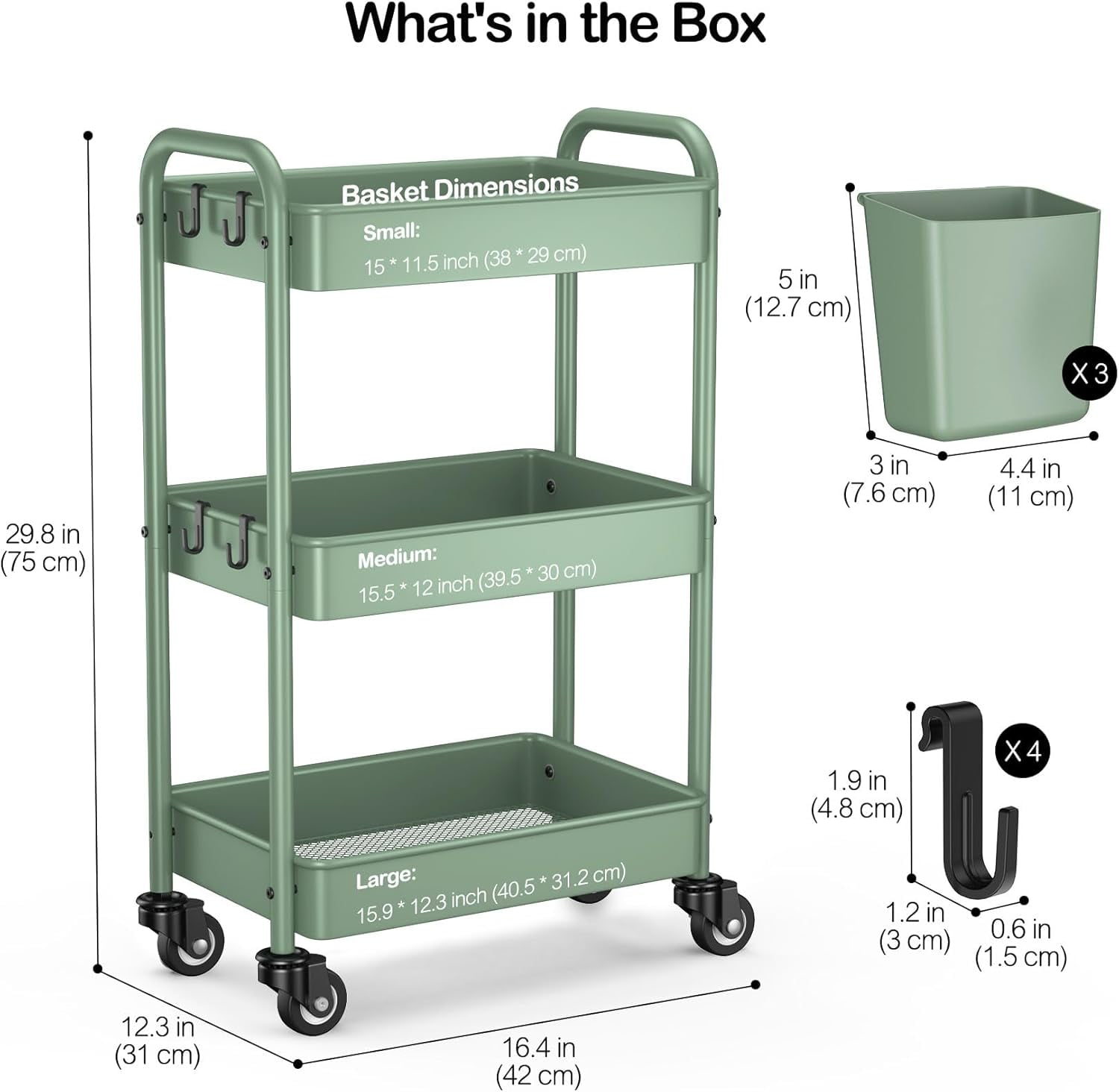 3-Tier Rolling Cart, Green, 66 Pounds Capacity, Mesh Storage Organizer with Lockable Wheels, 3 Hanging Cups, 4 Hooks, Easy Assembly, for Kitchen, Bathroom, Laundry, Grocery