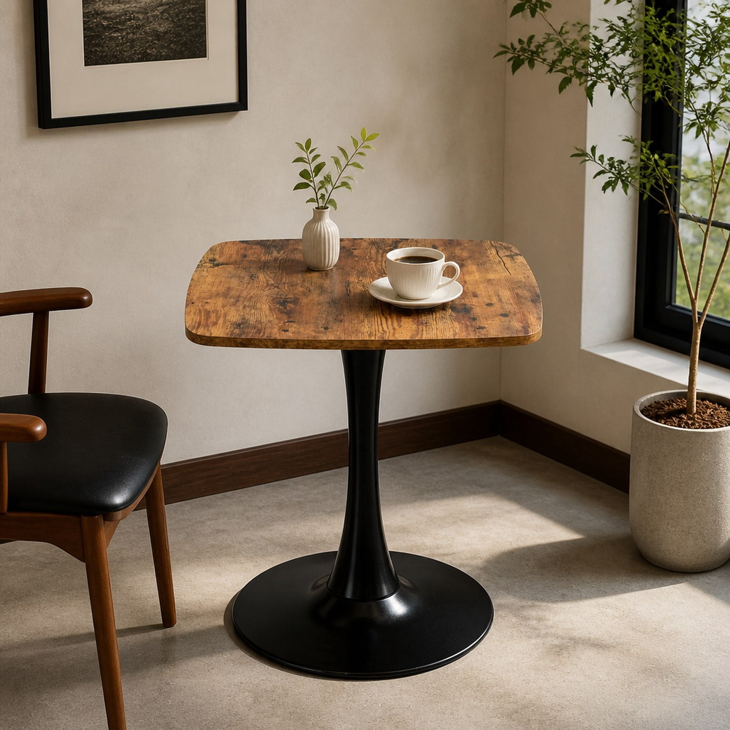 Square Dining Table, 24" Square Tulip Table with MDF Tabletop & Matte Black Metal Pedestal Base,Mid Century Modern Bistro Table for Kitchen, Small Places, Living Room, Cafe