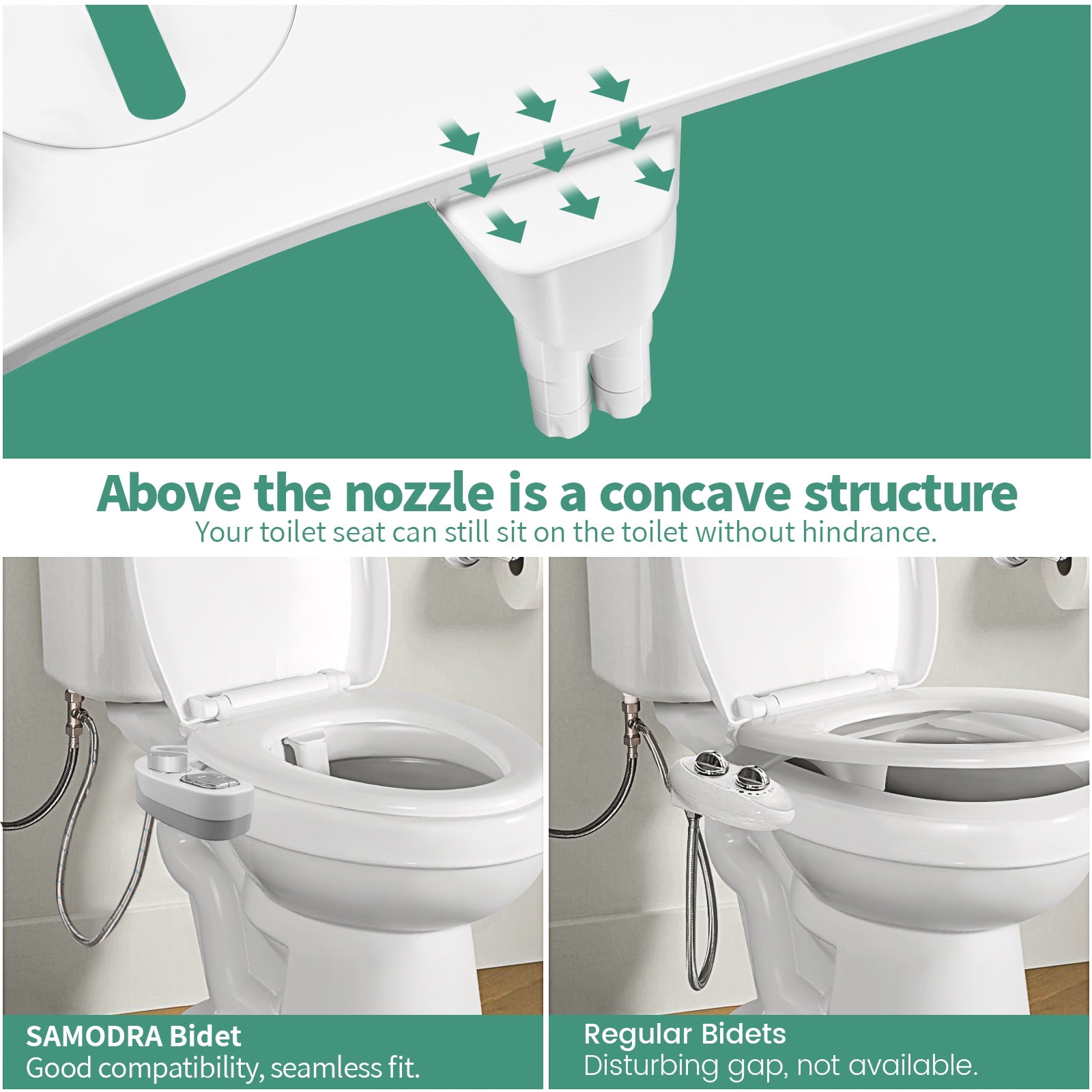 SAMODRA Non-Electric Bidet - Self Cleaning Dual Nozzle (Frontal and Rear Wash) Fresh Water Bidet Toilet Seat Attachment with Independent Adjustable Water Pressure (Classic Silver)