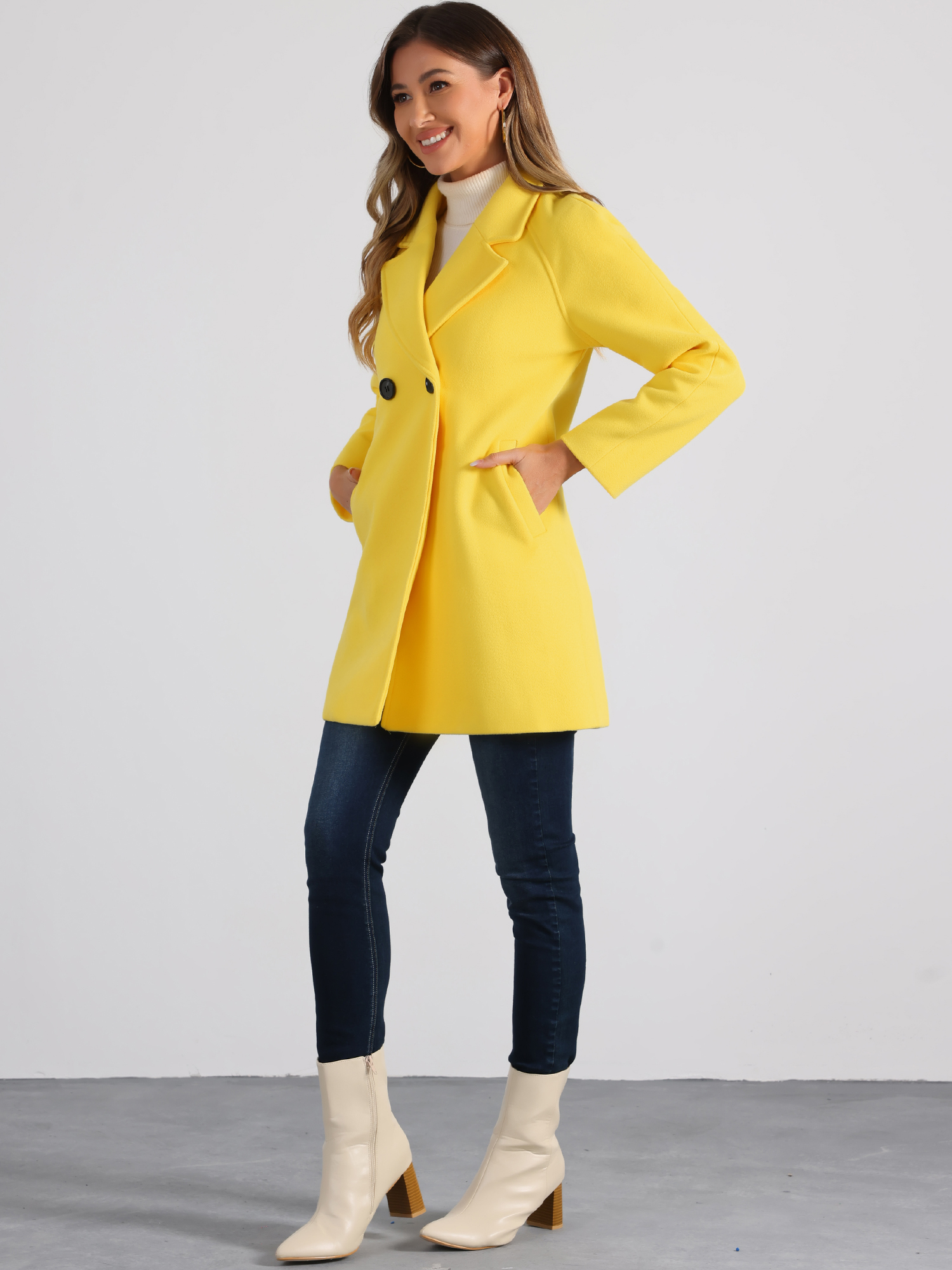 DARING DIVA Women's Notched Lapel Double Breasted Raglan Sleeve Coat Yellow XL