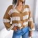 thumbnail image 5 of Suéter de mujer Mangas de linterna Cuello en V Costuras Bloque de color Suéter de ajuste casual para invierno Caqui L, 5 of 8