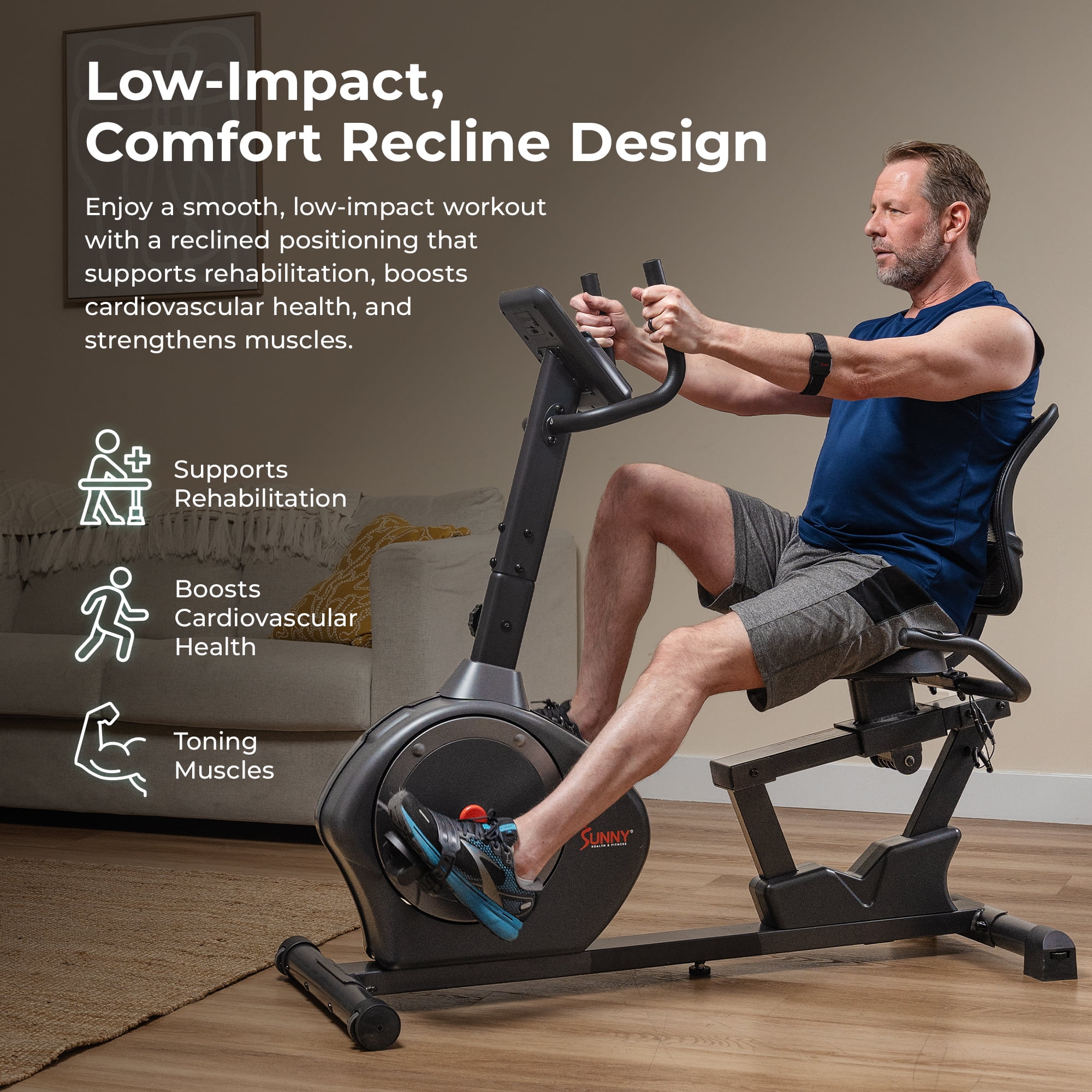 Sunny Health & Fitness Indoor Recumbent Cycling Bike w 350LB Capacity, Non-Crank Design, Cushion Seat for Senior or Rehab w Smart Bluetooth & FREE SunnyFit® App - SF-RB424002