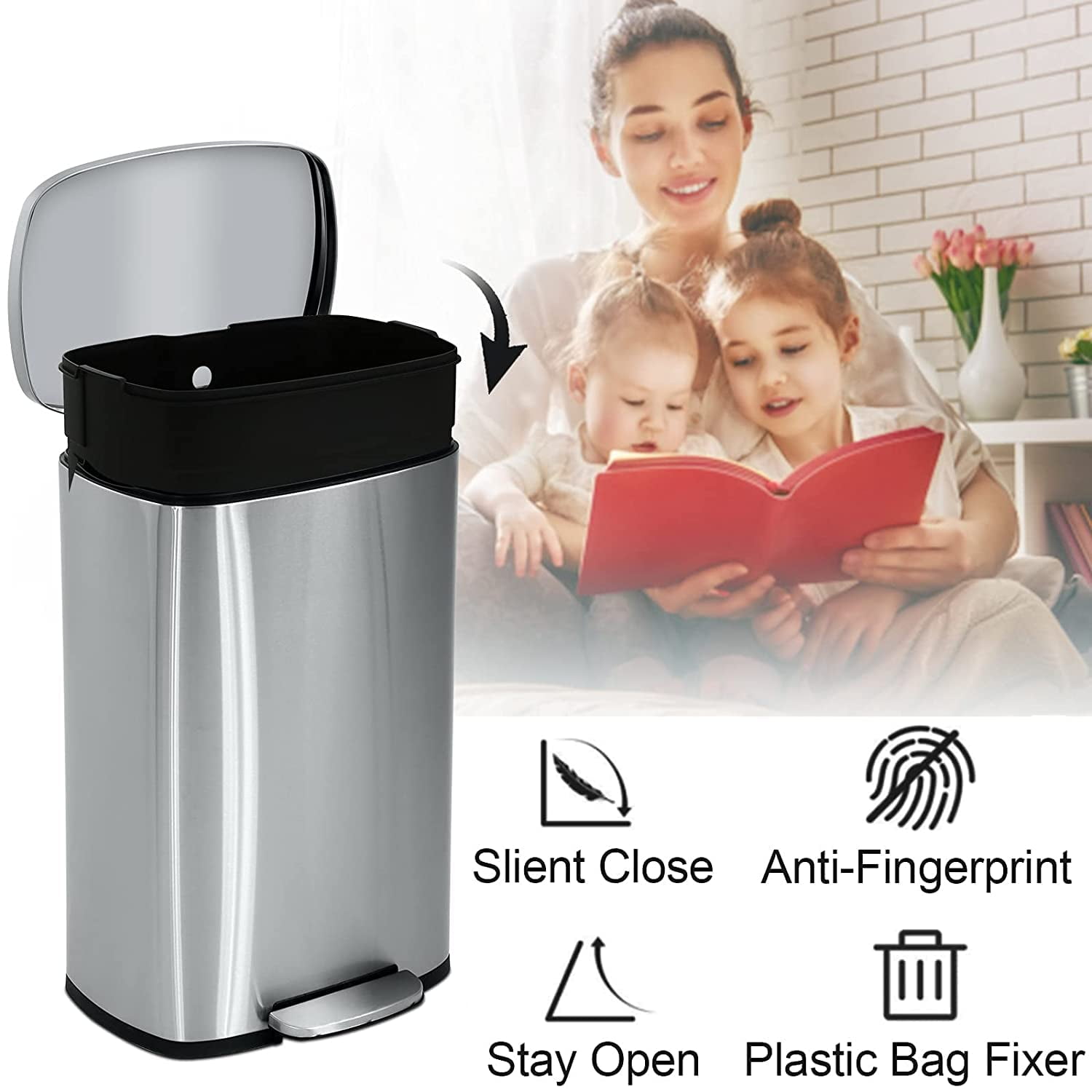 NiamVelo 13 Gallon Kitchen Trash Can with Lid, Metal Step on Trash Can Stainless Steel Trash Can Touchless Garbage Bin for Office Bedroom Bathroom , Silver