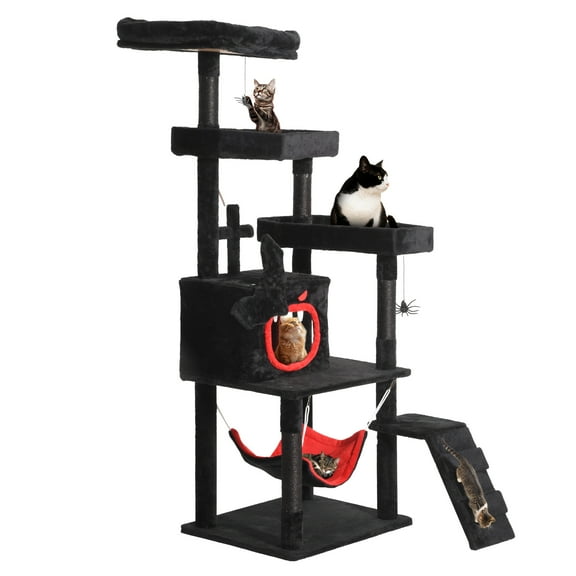 Dextrus 63in Gothic Cat Tree with Coffin Bed Indoor Cat Tower w/ Comfy Hammock & Scratching Post and Ladder