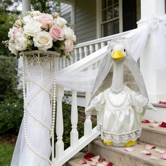 Tarmeek Valentines Goose Outfit, Elegant Dress & Hat Set Costume for Outdoor Porch Decor, Romantic Yard Goose Clothes White Bridal Style Outfit for 23 Inch Statue Patio Goose Outfits