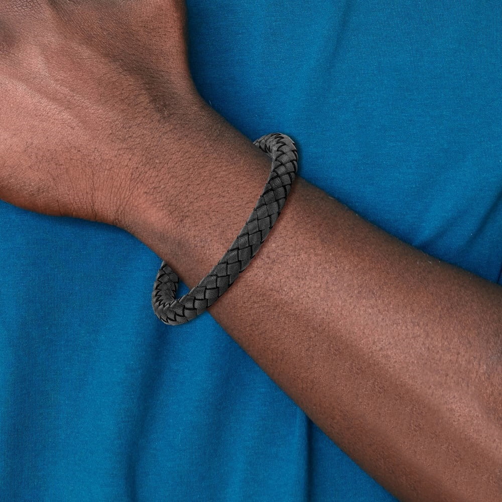 Diamond2Deal Stainless Steel Brushed Black Braided Leather Bracelet for Men 8.25"